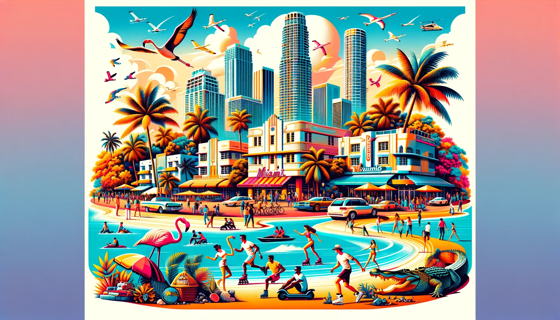 A vibrant and lively illustration capturing the essence of Miami. The image features iconic Miami landmarks and elements including the bustling Ocean