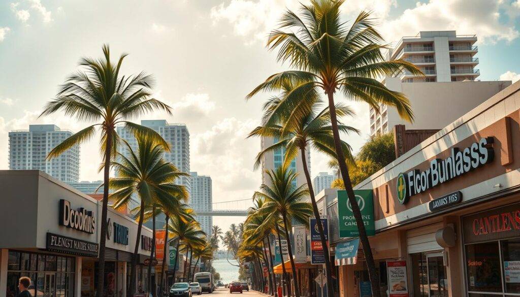 A sun-drenched skyline of tropical palm trees and gleaming high-rises, set against the sparkling turquoise waters of the Florida coast. In the foreground, a bustling commercial district with rows of vibrant storefronts, each one a potential opportunity for an aspiring entrepreneur. The streets are alive with the energy of prospective buyers, examining signage and negotiating deals, as they search for the perfect business to call their own. Soft, warm lighting casts a golden glow over the scene, creating an atmosphere of prosperity and limitless possibility. Captured through the lens of a wide-angle camera, this image invites the viewer to imagine themselves immersed in the thriving business landscape of Florida, ready to seize their own slice of the Sunshine State's entrepreneurial dreams.