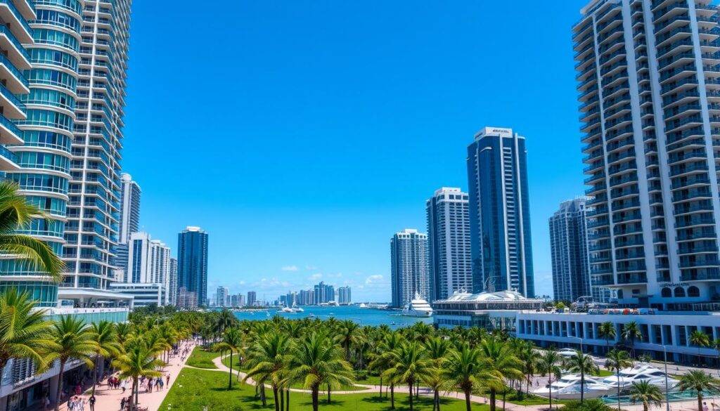 a vibrant cityscape of downtown Miami, Florida, with towering skyscrapers and modern high-rise buildings against a clear blue sky. In the foreground, a thriving business district with people walking along the sidewalks, entering and exiting office buildings. The middle ground features a well-manicured park with palm trees and lush greenery, reflecting the city's tropical climate. In the background, the iconic Biscayne Bay waterfront can be seen, with yachts and boats dotting the horizon. The scene conveys a sense of economic prosperity, innovation, and investment opportunities for businesses seeking to establish a presence in this dynamic and rapidly growing region of Florida.