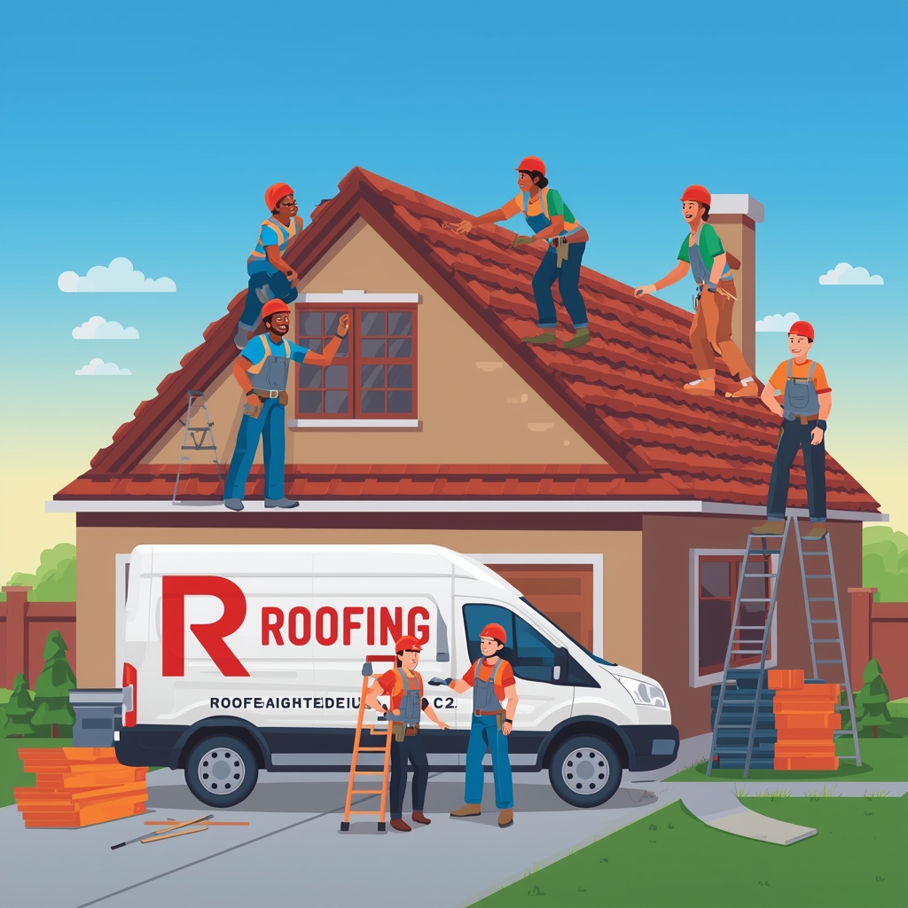 lucid origin A colorful depiction of a roofing business in operation with a team of skilled w 0